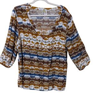 Fig and Flower blouse women's 2X rayon geometric Ikat novelty 3/4 sleeve v neck